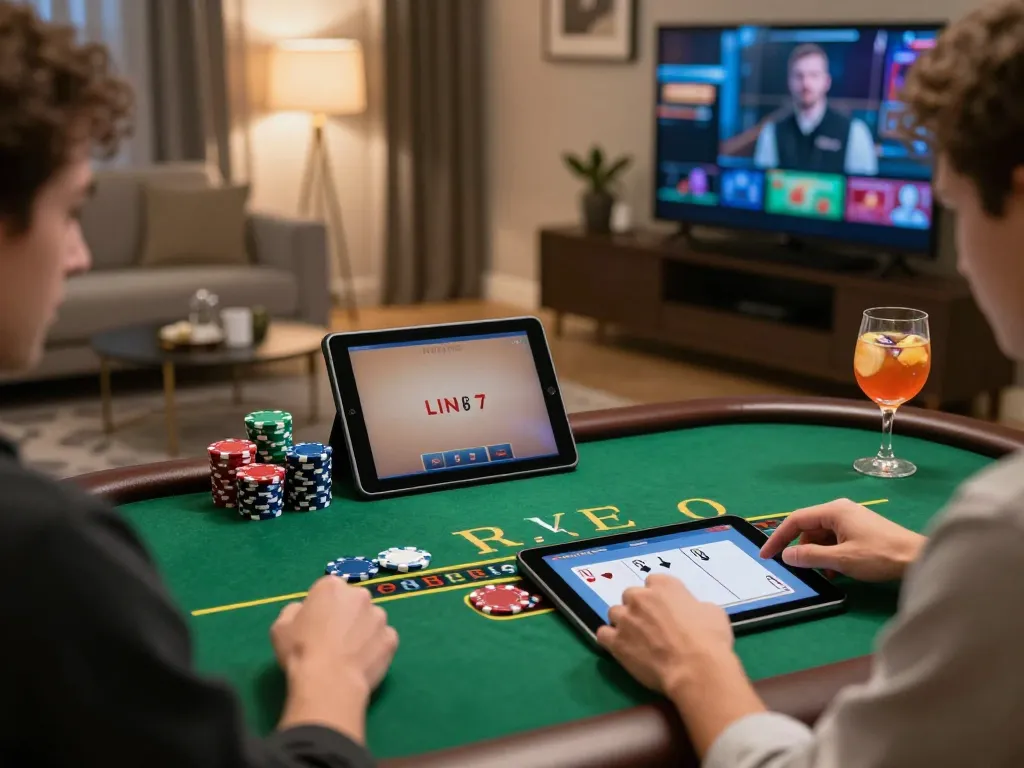 Người chơi tham gia trò chơi blackjack với người chia bài trực tiếp tại KO66 trên máy tính bảng, thể hiện lối chơi chiến lược.