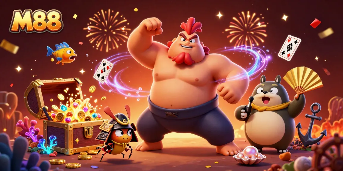 M88 unleashes excitement with a powerful sumo wrestler rooster and a fierce samurai cricket among vibrant casino treasures.