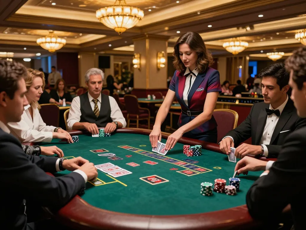 The excitement of blackjack at https://9bet9.in.net with players strategizing in a luxurious casino setting.