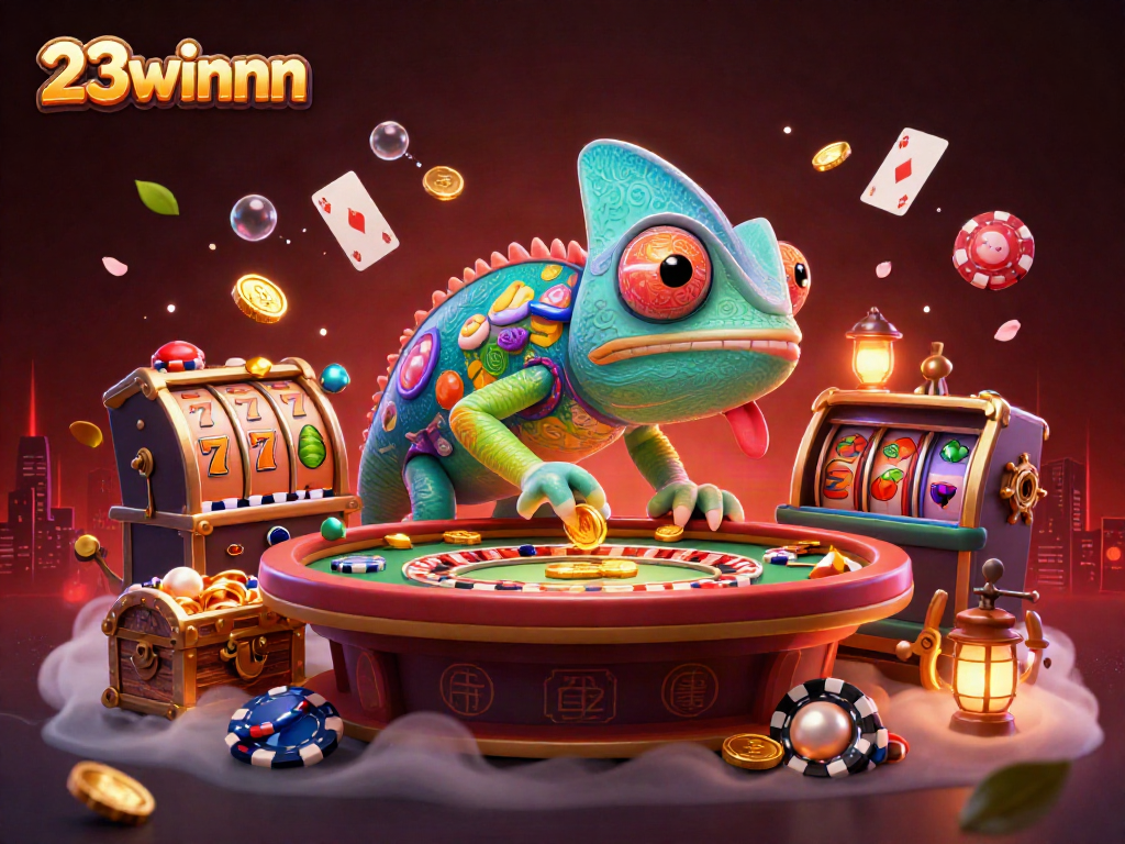 Engage with the colorful chameleon casino owner at 23winnn, watching over dynamic gaming action.
