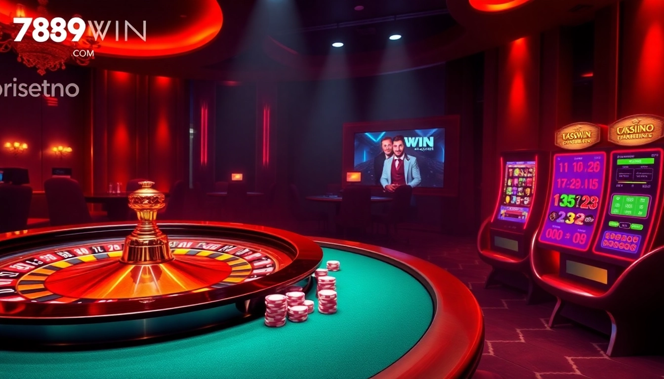 Engaging scene of lively gaming at 789WIN COM with roulette, poker chips, and digital slots.