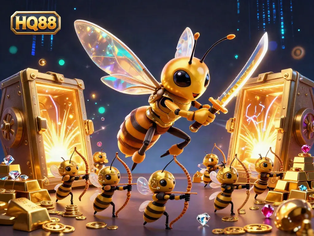 Experience the thrill of HQ88's vibrant casino scene featuring a golden hornet warrior and treasure.