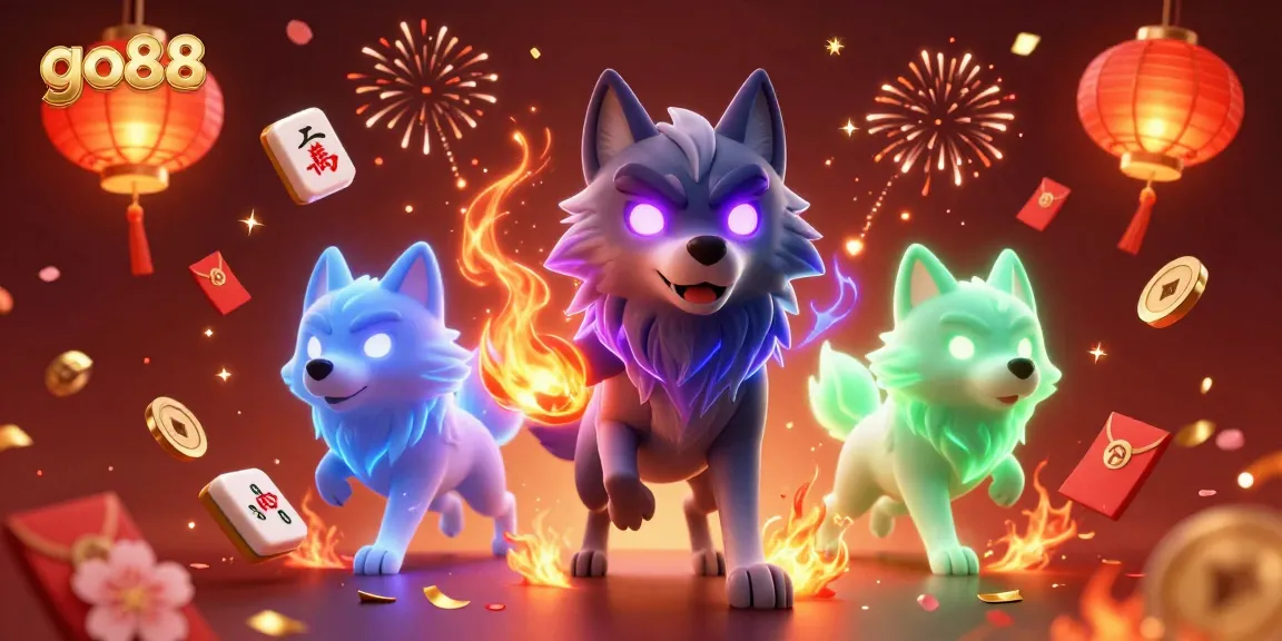 Experience thrilling moments with go88 as glowing wolves play amidst festive casino elements.