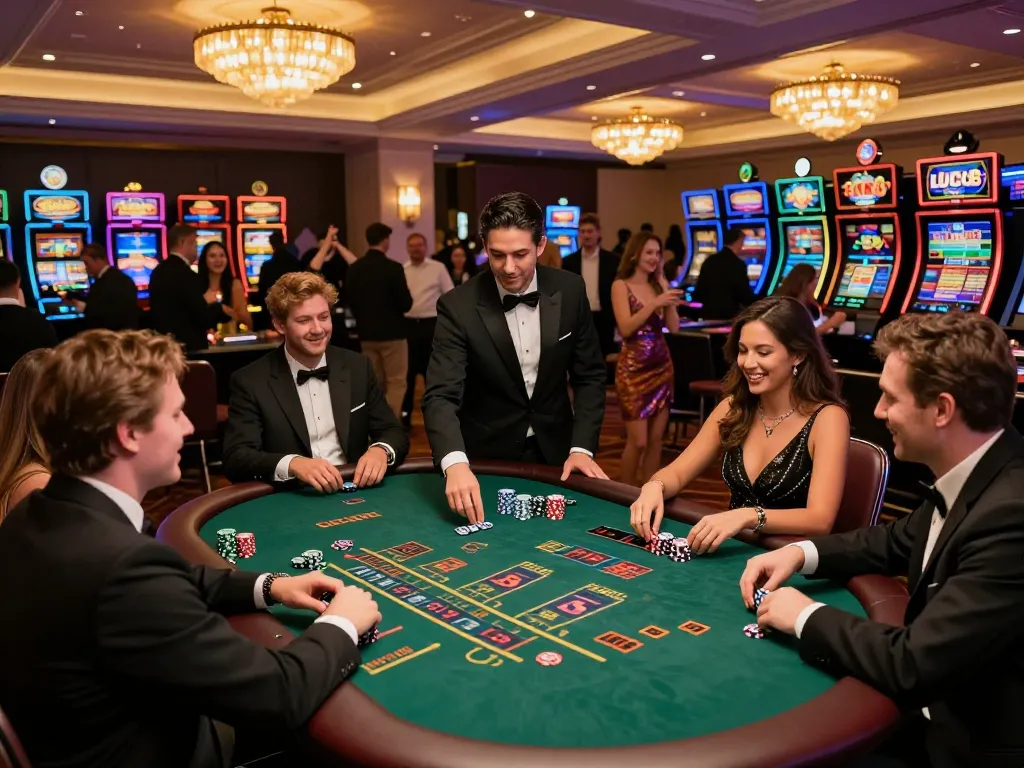 Các người chơi LUCK8 tận hưởng trải nghiệm chơi blackjack chiến lược tại một sự kiện casino sang trọng.