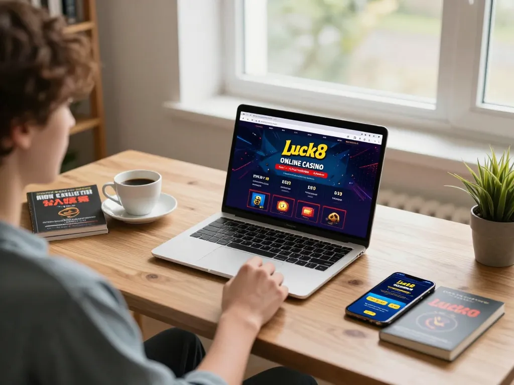 Person engaging with Luck8 casino on a laptop in a cozy setting, promoting responsible gaming.