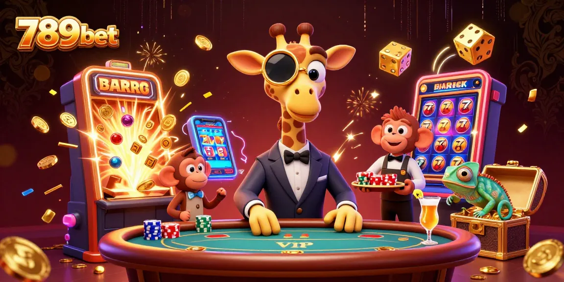 Experience the thrill of 789bet with a vibrant scene of a giraffe, monkey, and chameleon at a luxury poker table.