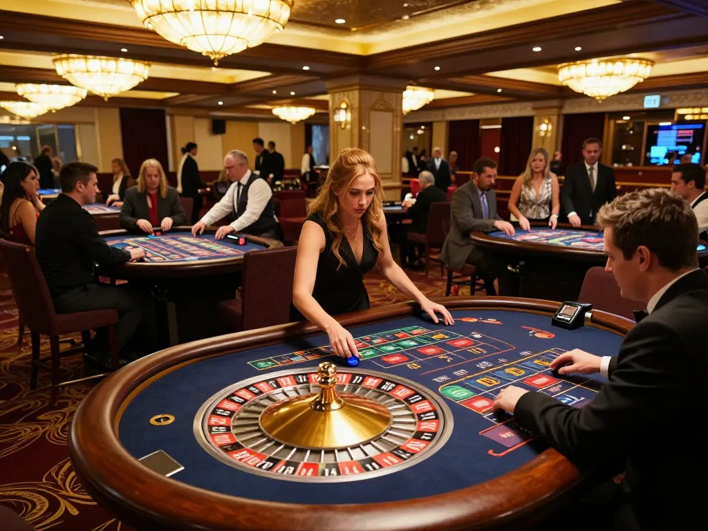 33WIN players enjoying a thrilling night at roulette tables in a vibrant casino atmosphere