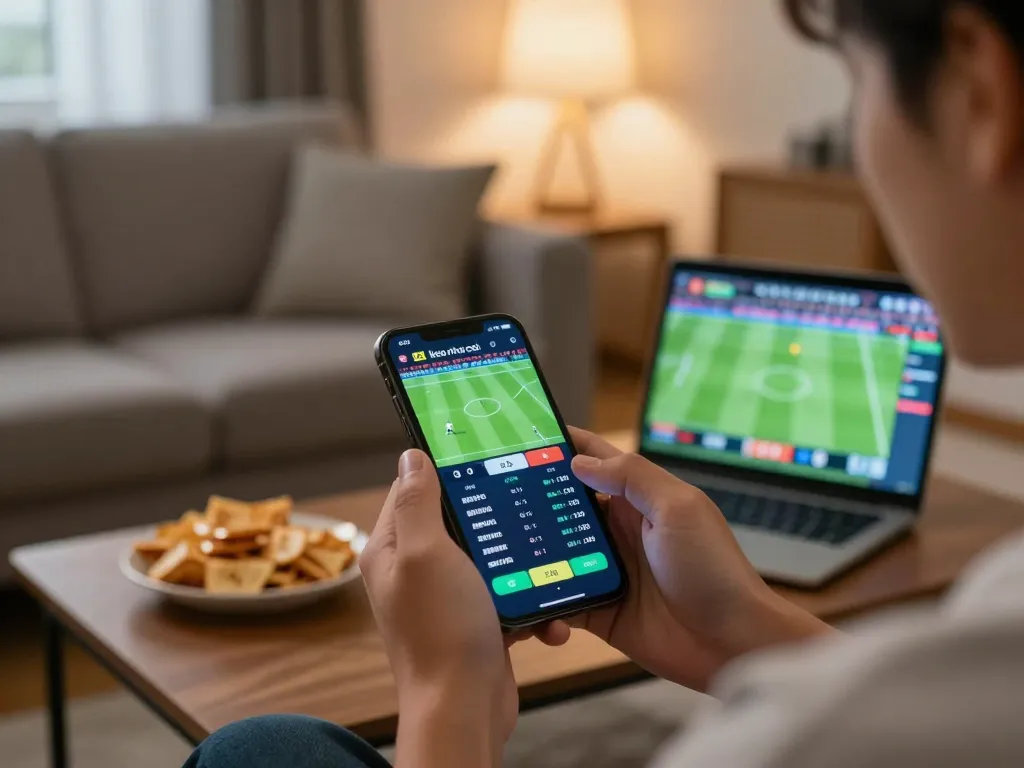 Betting on keo nha cai at home using smartphone, showcasing live sports betting interface.