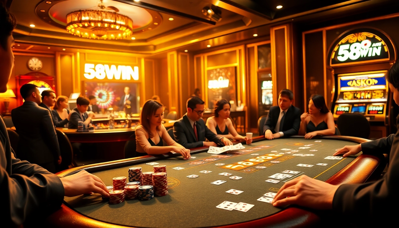 Engage in thrilling games at nhà cái 58WIN, featuring a luxurious casino scene with poker and roulette.
