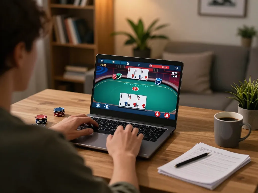 Engaged player at home using Max 88 online poker interface for strategic gameplay.