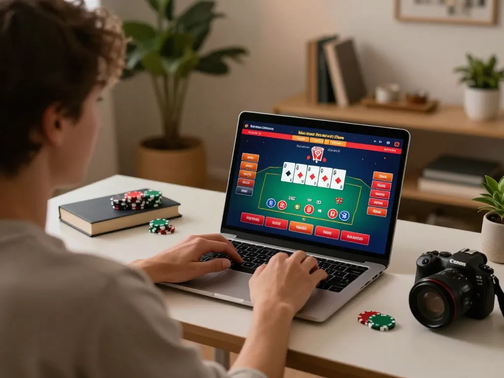 Player engaged in online gambling with DN88 casino app, showcasing poker game interface and cozy home setup.