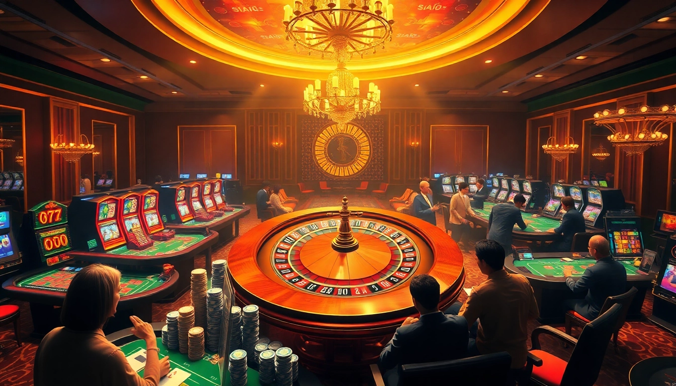 Engaging players analyzing ty le keo nha cai at an upscale casino with roulette and poker games.