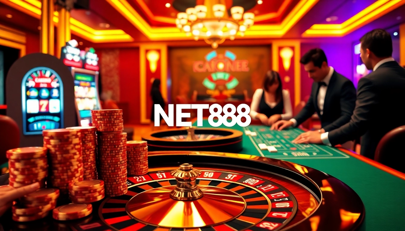 NET88 casino scene featuring luxury gaming tables, vibrant chips, and thrilling roulette action.
