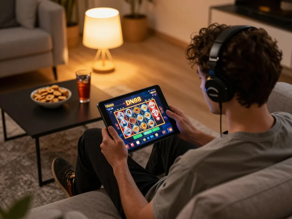 Engaging online gaming experience on DN88 app showcasing vibrant slot games, cozy home atmosphere.
