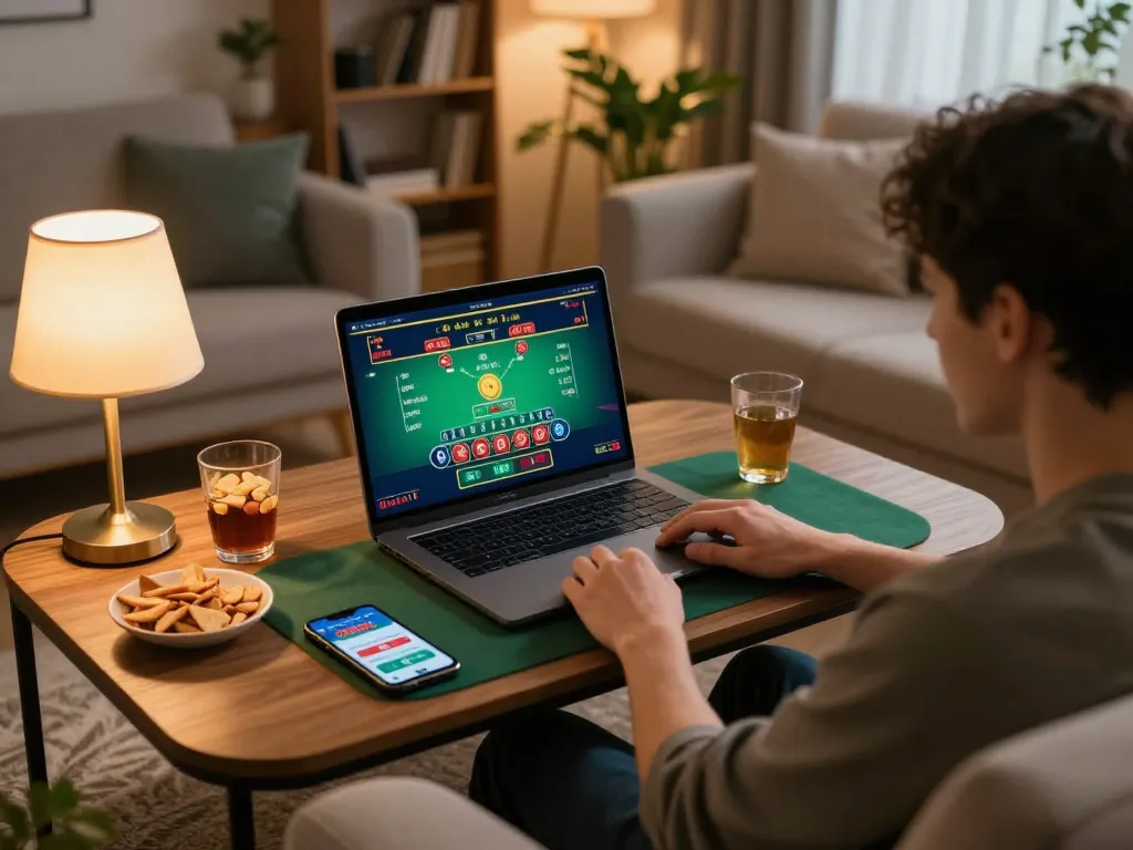 Player enjoying an online blackjack game at home using JUN88 app, cozy and inviting atmosphere.
