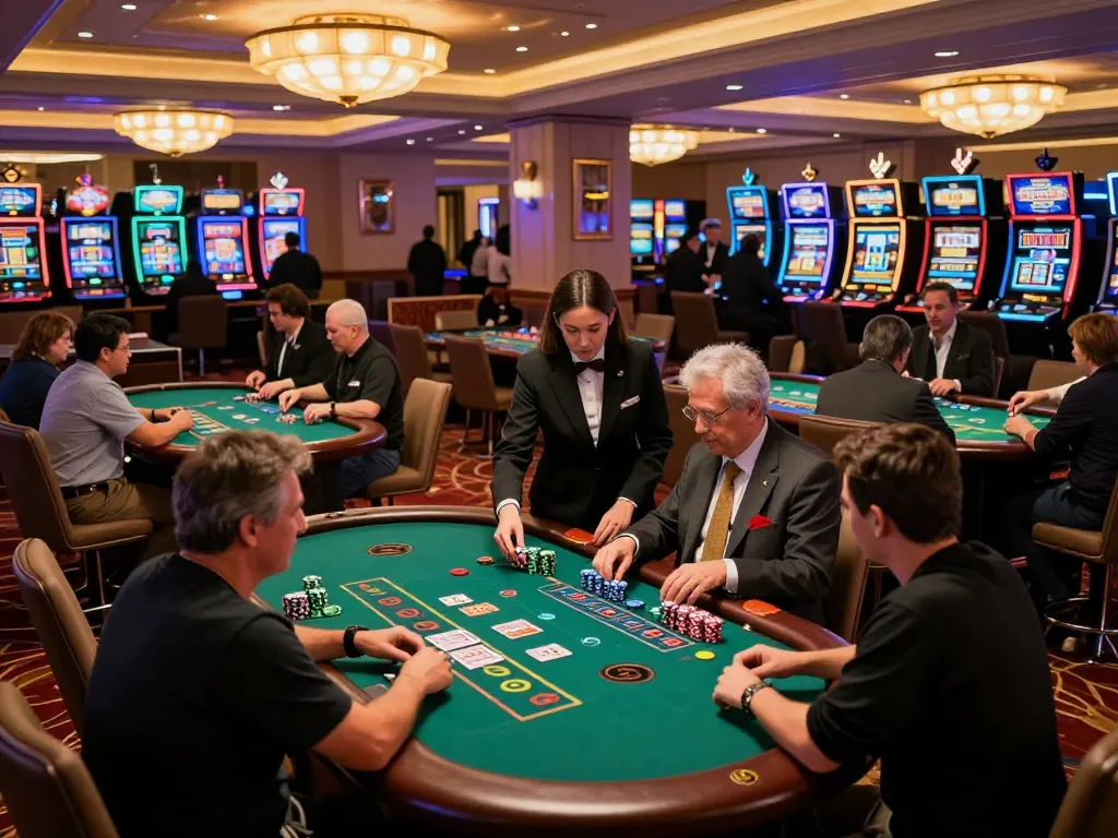 Experience the thrill of luck8 casino with players enjoying intense blackjack games amidst vibrant casino lights.