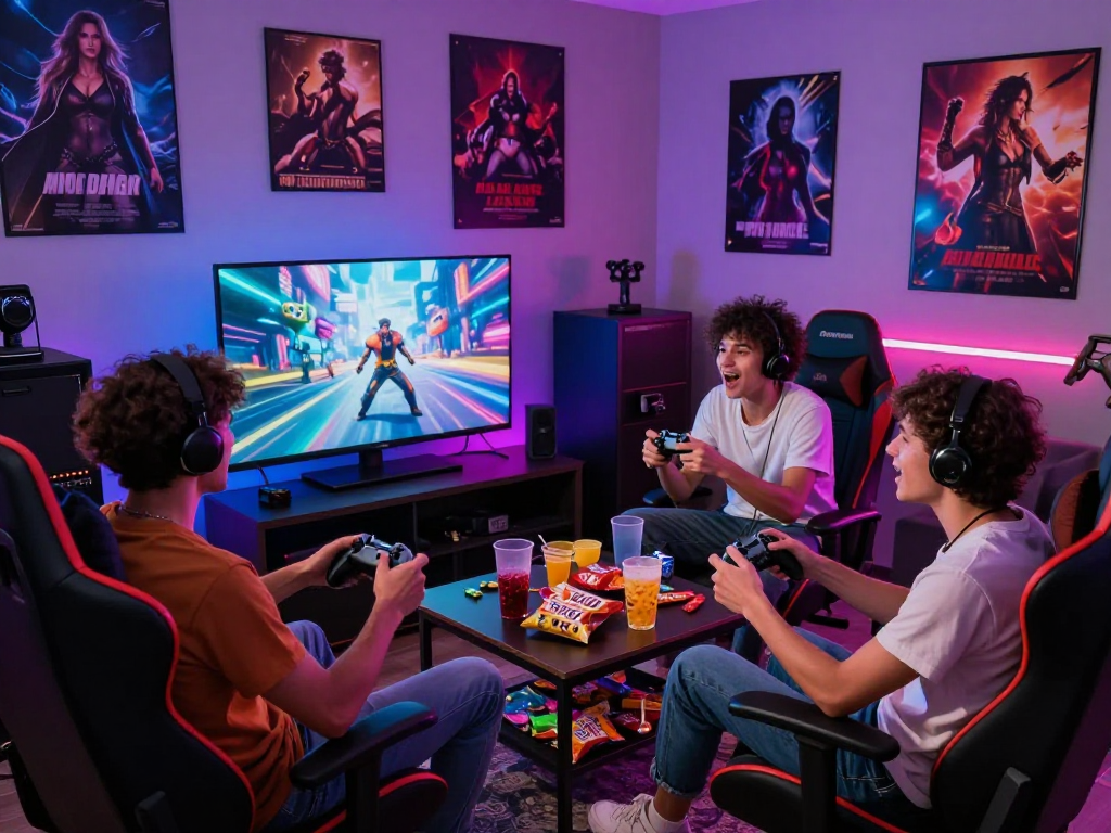 Group enjoying game sex-themed videos on large screen with colorful lights.