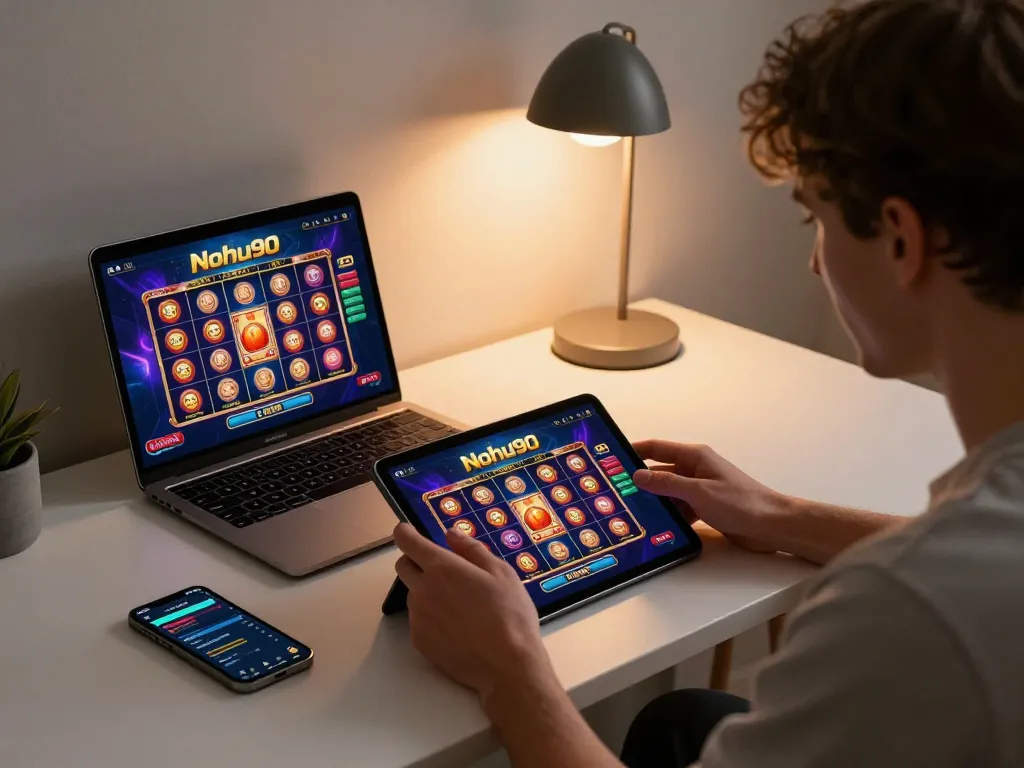 Nohu90 player engaging with colorful slot game on tablet at modern home desk