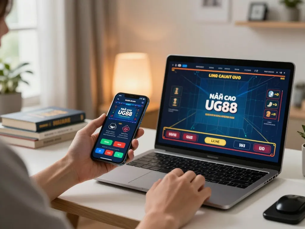 Engaged player using Nhà cái UG88 app on smartphone, showcasing online gaming experience.