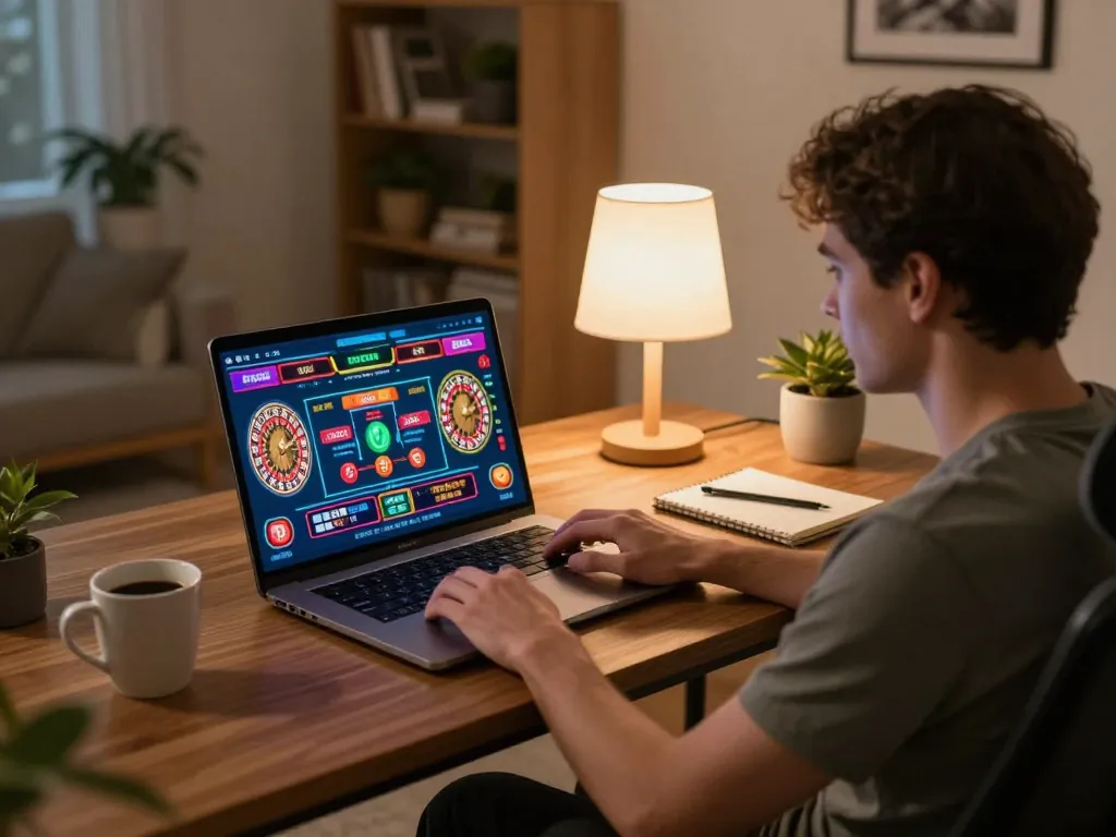 A player strategizing at home with online casino games on their laptop, promoting nhà cái uy tín experience.