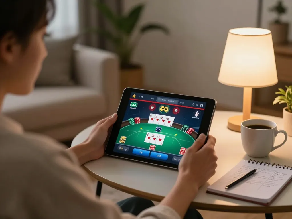 Player enjoying online poker at home on LV88, showcasing cozy ambiance and strategic insight.