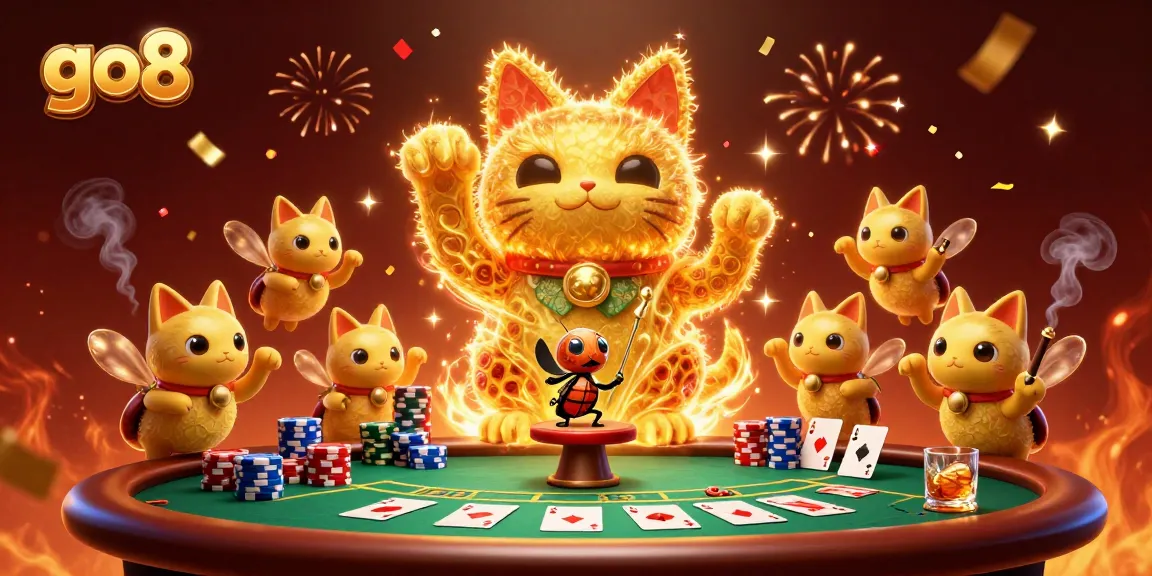 Win big with go8's vibrant casino scene showcasing a lucky cat and poker excitement.