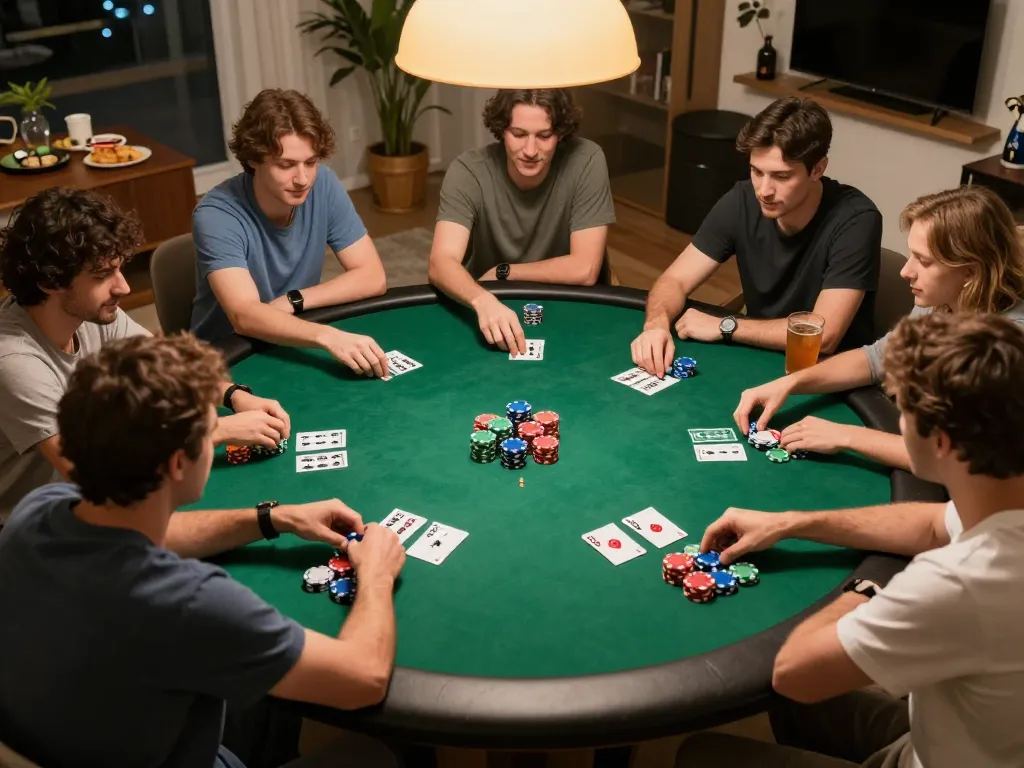 Engaging poker game scene at home showcasing strategic interactions among friends, featuring vmax casino action