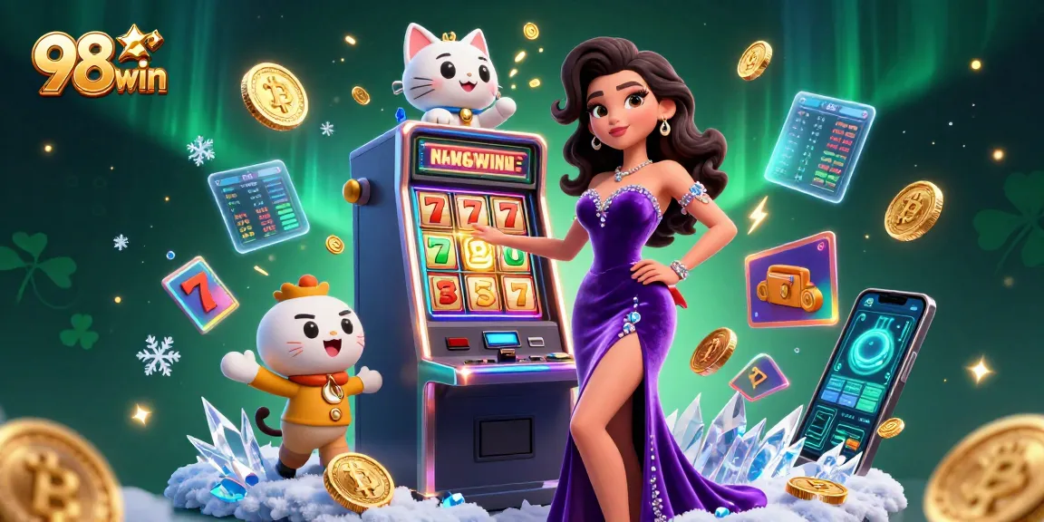 Engage with 98win's vibrant slot game experience featuring a glamorous jackpot celebration.