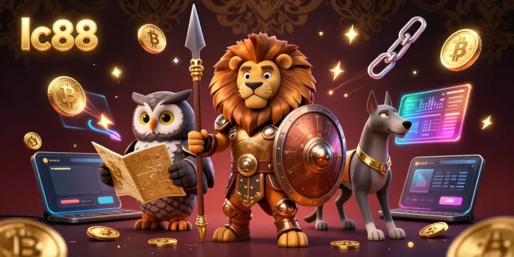 Experience gaming thrills with lc88 amidst vibrant 3D illustrations of a Spartan lion and crypto elements.