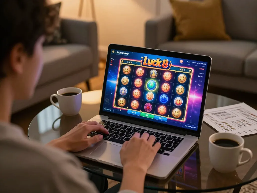 Engaging luck8 slots gameplay on a laptop in a cozy home setting, showcasing responsible gaming.