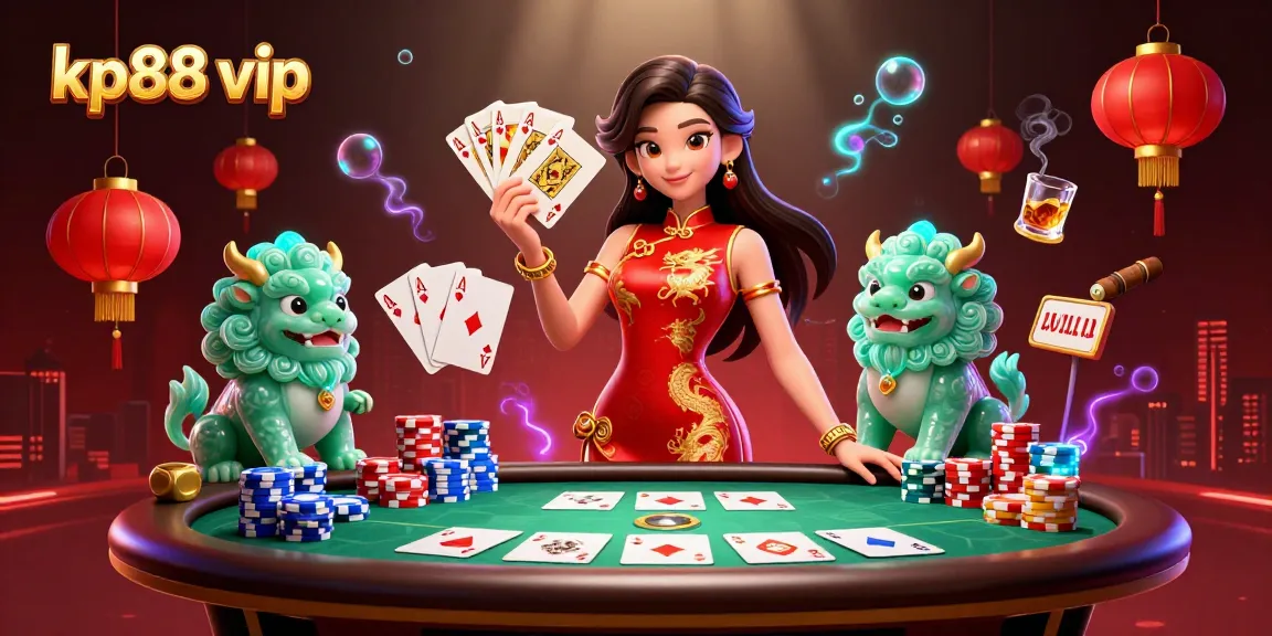 Engage with thrilling kp88 vip poker action featuring an elegant dealer amidst vibrant gaming elements.