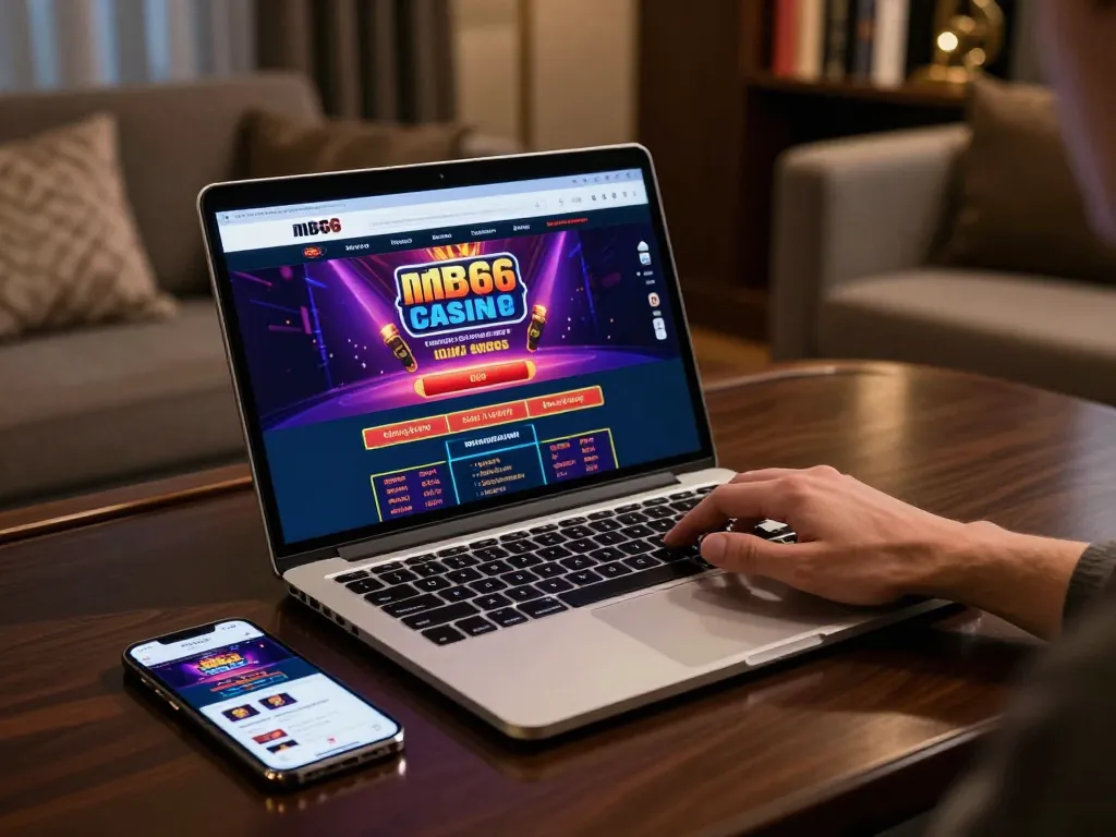 Engaged player placing a bet on mb66 online casino with laptop and smartphone.