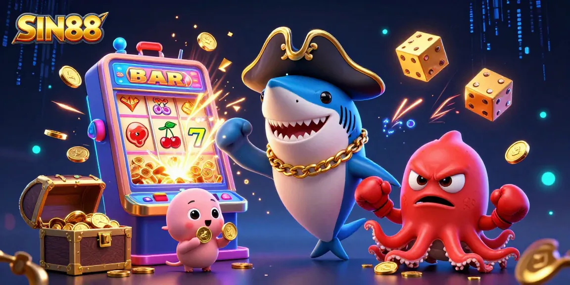 SIN88 jackpot scene with lively characters and casino elements exploding in a vibrant illustration