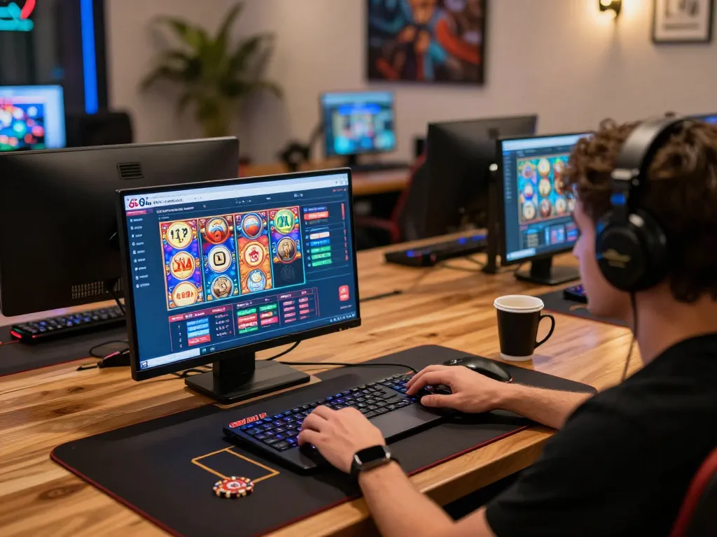 Engaging player thriving in 68win online casino with vibrant graphics and cozy setup
