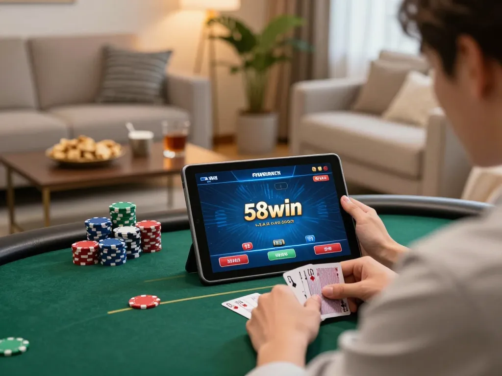 Player enjoying engaging poker gameplay on 58win tablet in cozy home setting