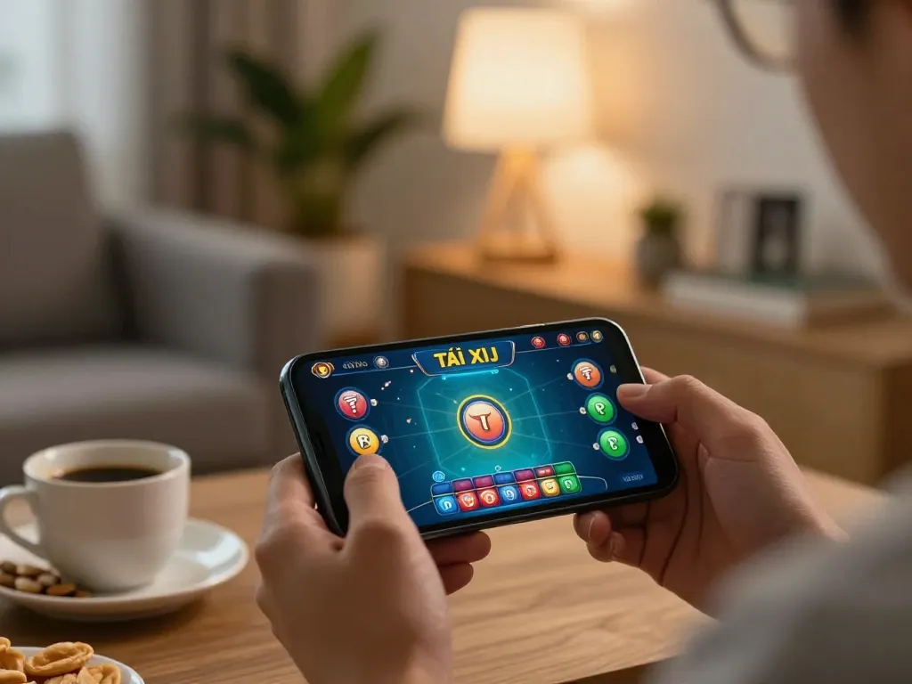 Tài Xỉu player engaged in online game on smartphone with focused gameplay shown on screen.