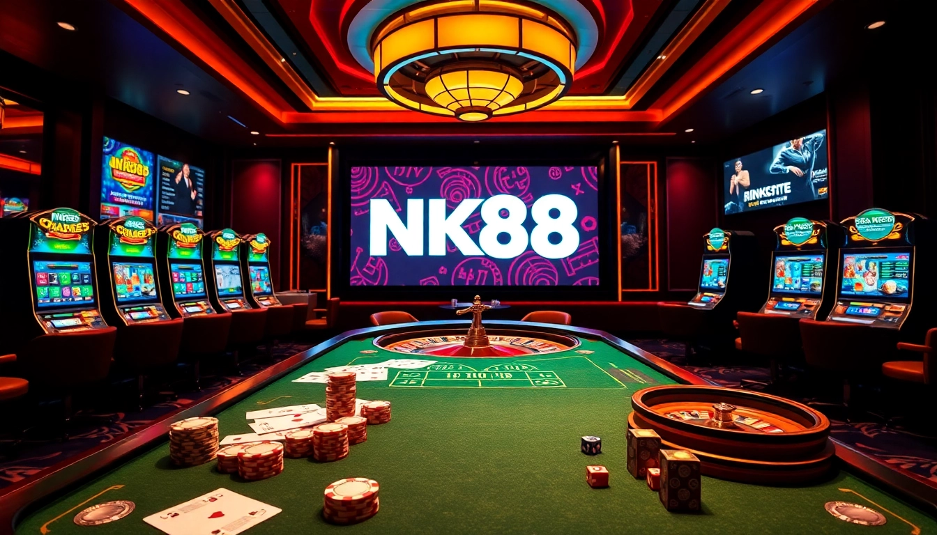 Experience thrilling online gaming at NK88 with elegant casino tables and vibrant slot machines.