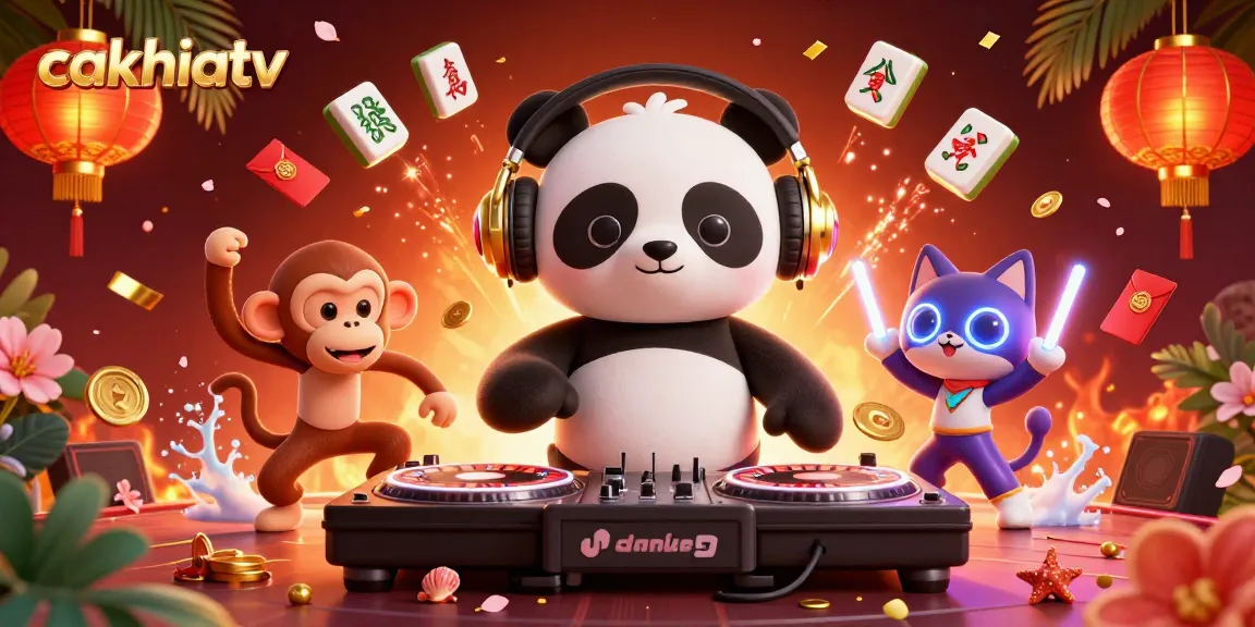 Experience cakhiatv's vibrant online casino with DJ panda and glowing elements in a dynamic scene.