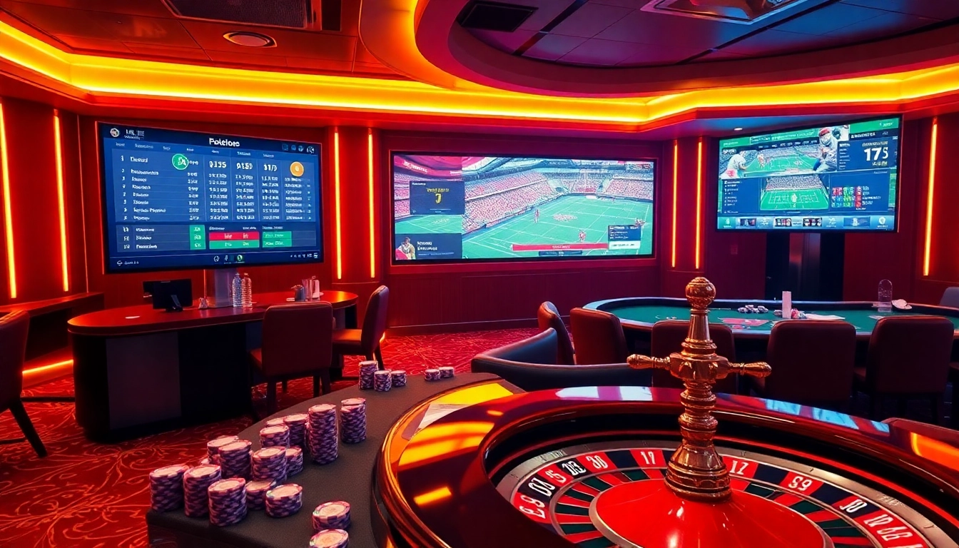 Engaging scene showcasing Cược thể thao with active betting slips, roulette wheel, and sports screens.