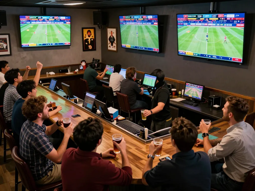 Bongdallu engaging patrons in a vibrant sports betting atmosphere, excitement visible with live sports on screens.