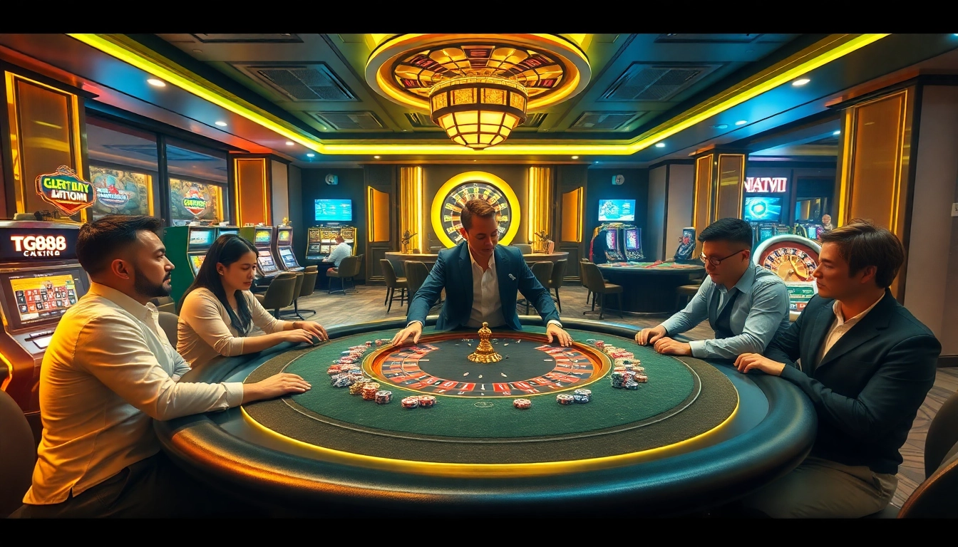 A lively gambling scene at TG88 casino showing a poker table, vibrant chips, and roulette wheel.