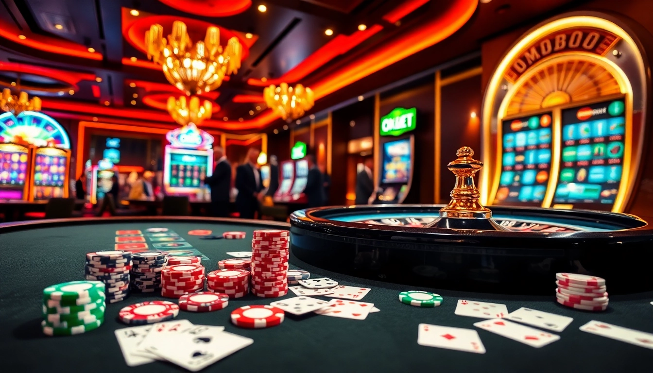 Experience the thrill of OXBET with vibrant casino games, colorful poker chips, and lively players.