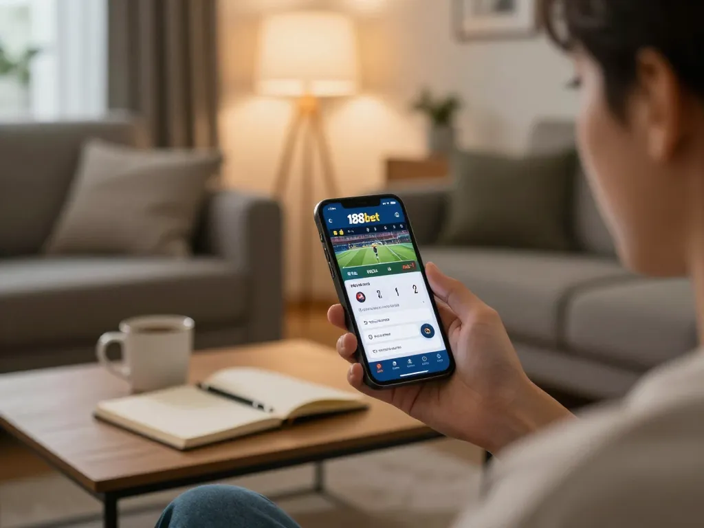 User engaging with the 188bet link on a smartphone while sports betting at home, capturing the excitement of online gambling.