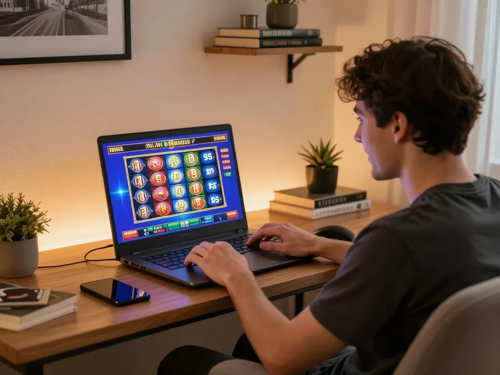 Engaging with F8BET online casino gaming strategy on a personal laptop in cozy home