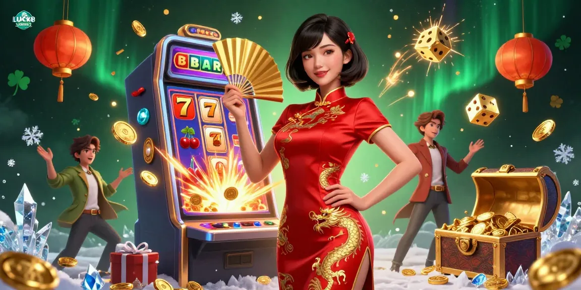 Experience the excitement of LUCK8 online with a vibrant casino scene filled with slot machines and gold coins.