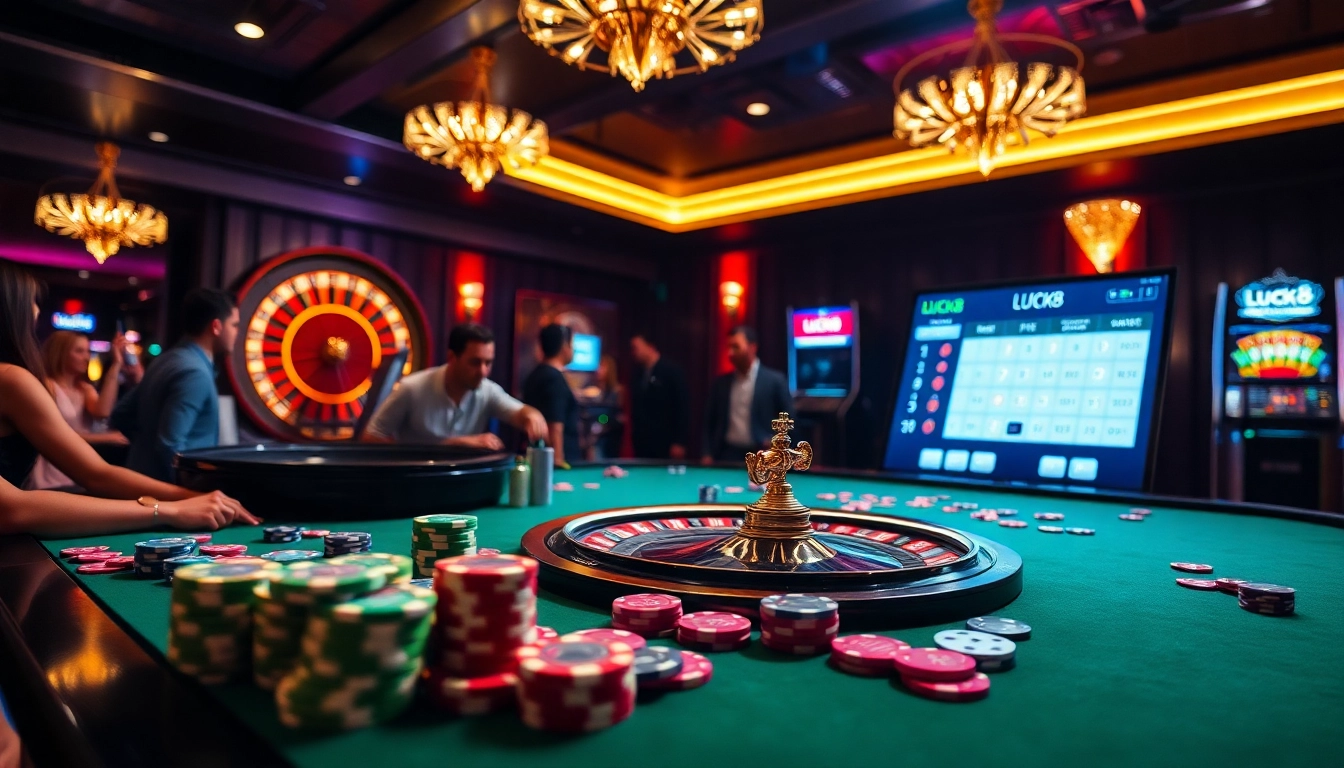 LUCK8 highlights an exhilarating casino experience with interactive gaming tables and vibrant decorations.