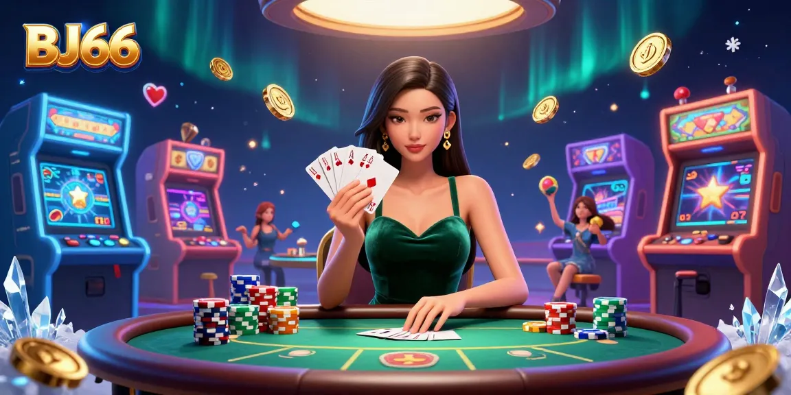 Enjoy an exciting game at BJ66, with a stunning female poker player showcasing her cards at a luxury table.