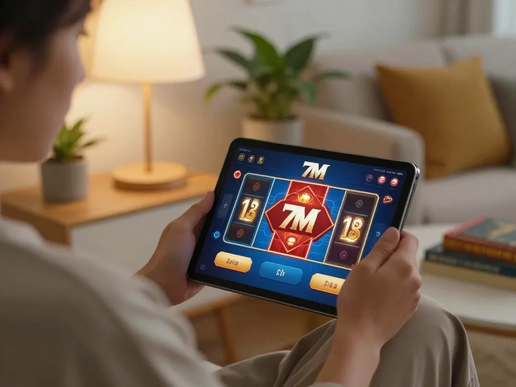 Engaging online gaming experience with 7M tablet interface in cozy home setting