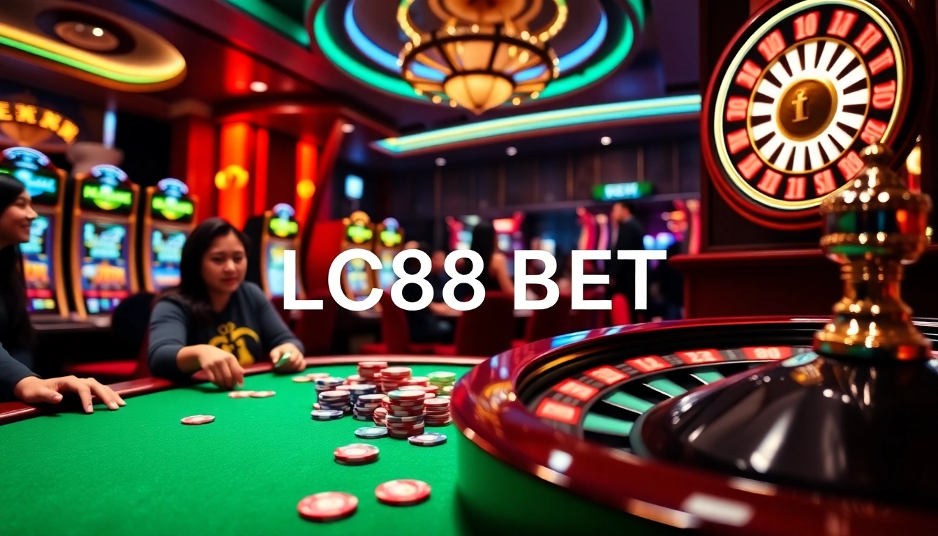 Experience the thrill of LC88 BET at a vibrant casino scene featuring poker tables and slot machines.