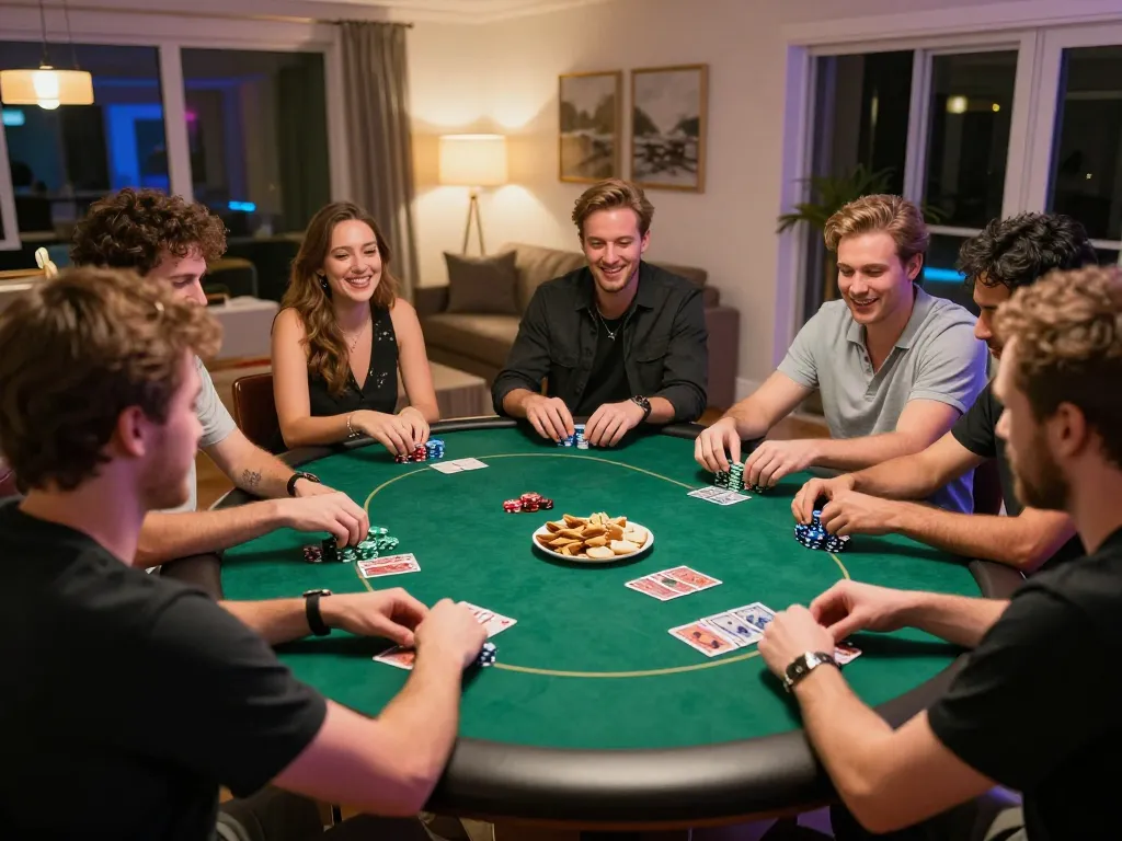 Friends enjoying a lively poker night at home, strategizing with chips and cards, highlighting tr88